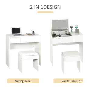 Coiffeuse moderne avec miroir rabattable et tabouret rembourré, blanc