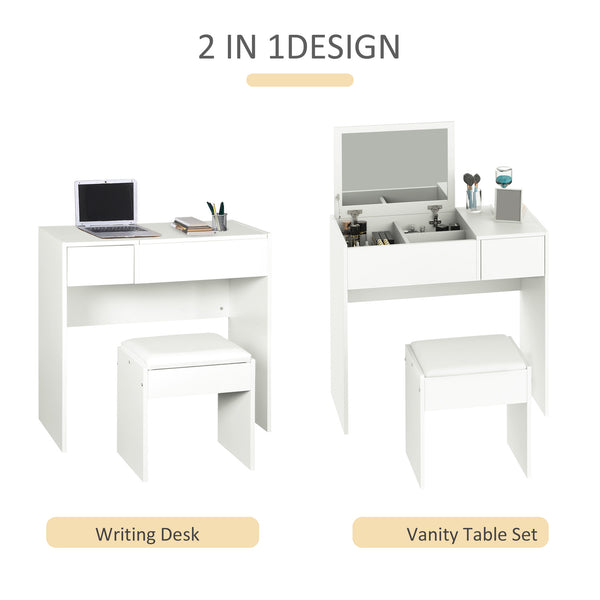 Coiffeuse moderne avec miroir rabattable et tabouret rembourré, blanc
