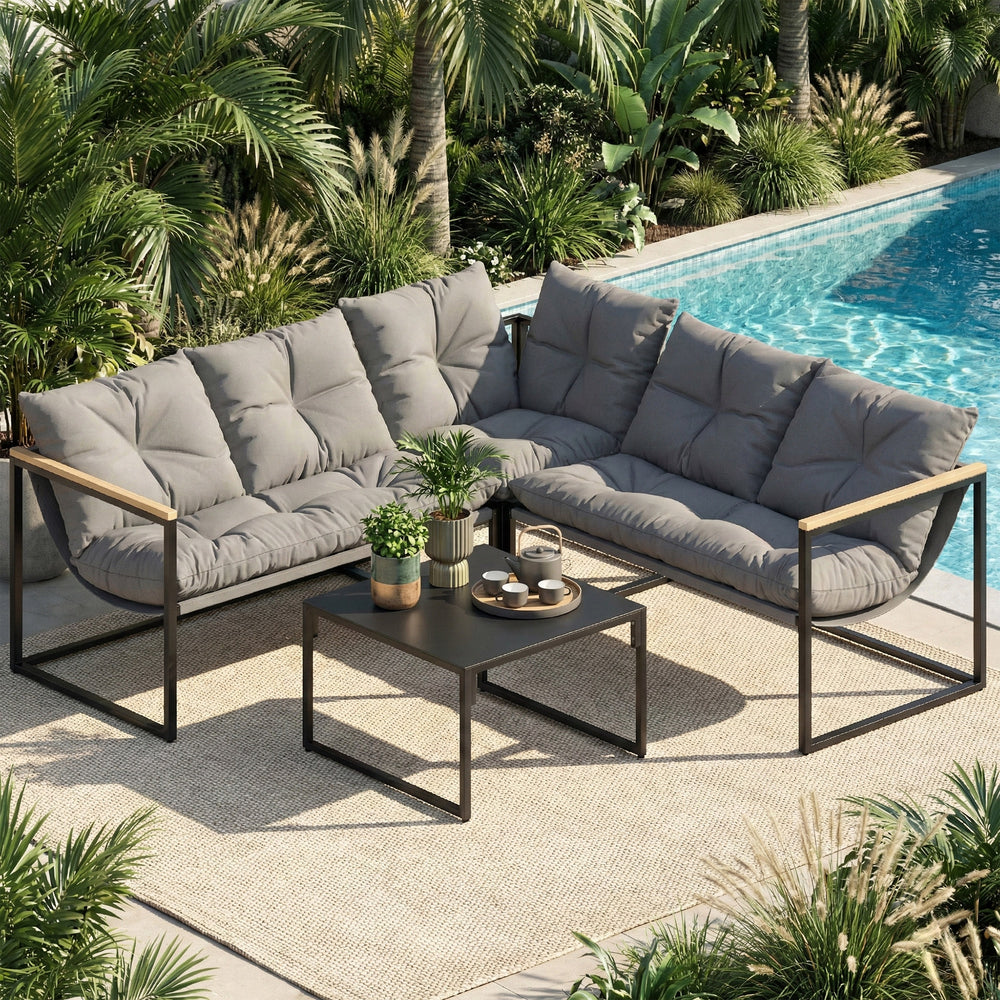 Ensemble de mobilier de patio 4 pièces avec coussins épais et table basse, gris
