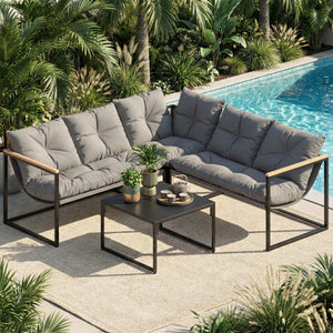 Ensemble de mobilier de patio 4 pièces avec coussins épais et table basse, gris