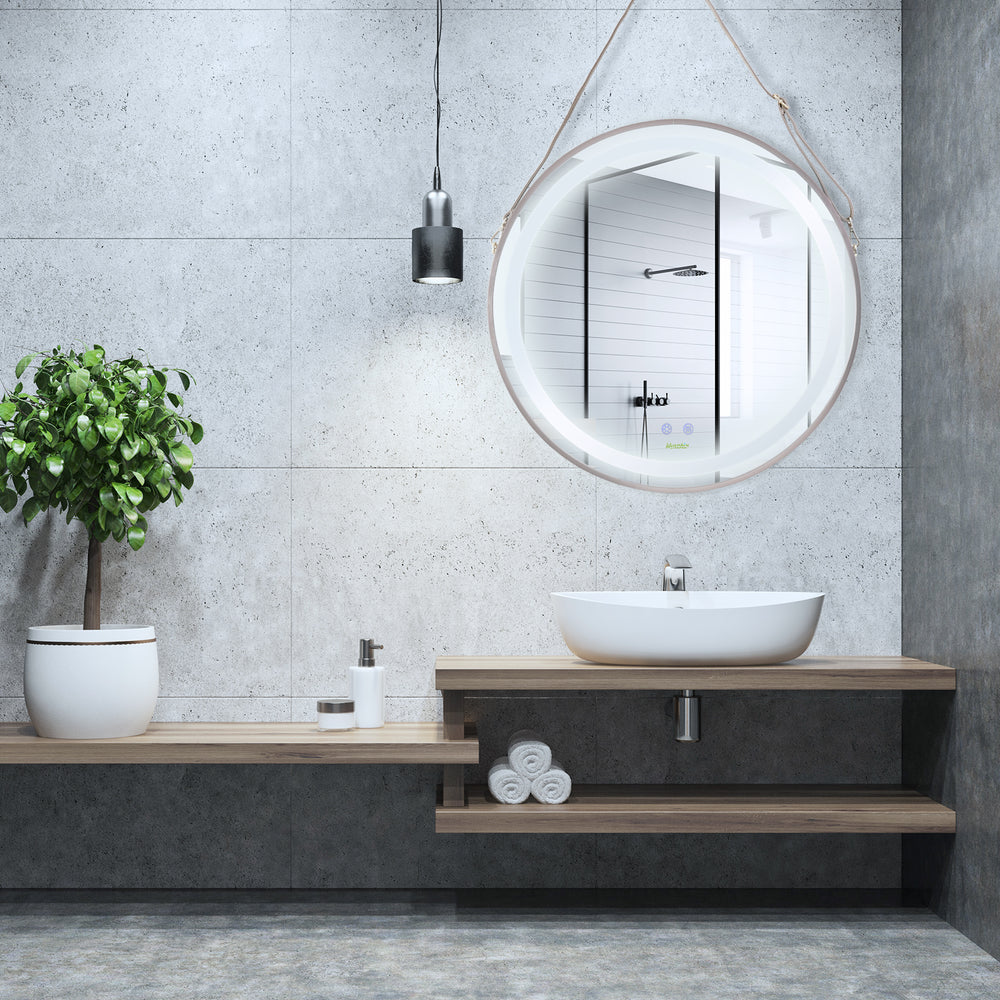 Miroir de salle de bain rond à LED antibuée à intensité variable, or rose