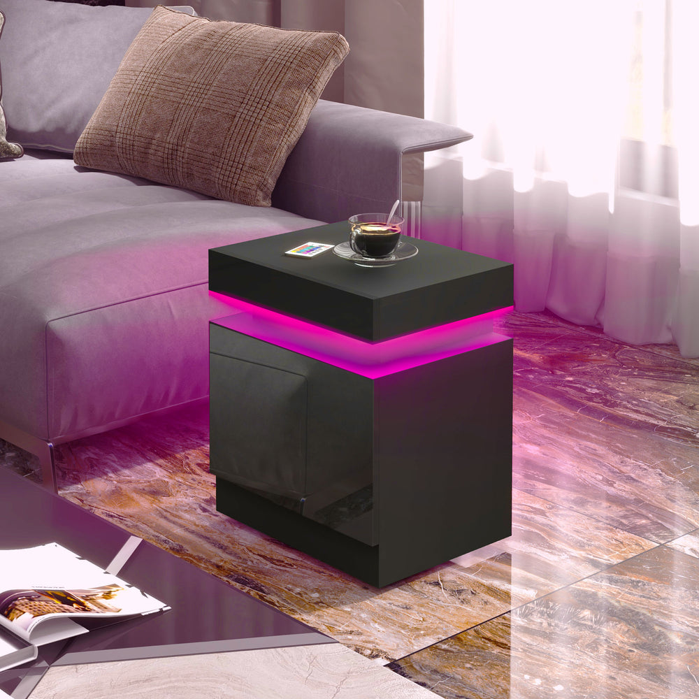 Table de chevet avec éclairage LED et 2 tiroirs, noire