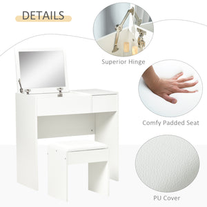 Coiffeuse moderne avec miroir rabattable et tabouret rembourré, blanc