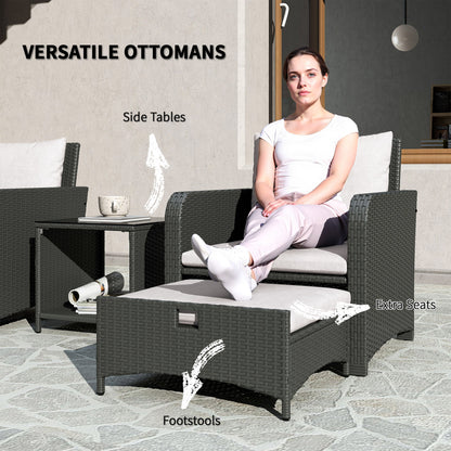 Outsunny 5 Piece Rattan Balcony Furniture Set, Wicker Outdoor Furniture with Two-Tier Coffee Table and Ottomans, Grey and Cream White