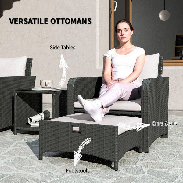 Ensemble de meubles 5 pièces en rotin avec table basse à deux niveaux et poufs, gris et blanc crème