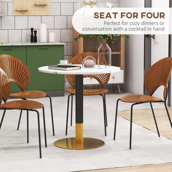 Table de salle à manger ronde avec plateau en imitation marbre, piètement en acier, blanche