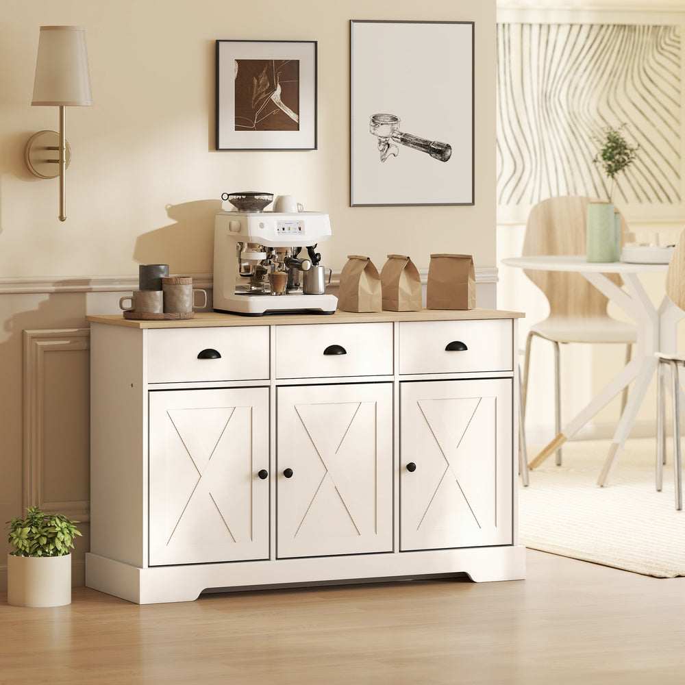 Buffet style campagnard, avec 3 portes coulissantes et 3 tiroirs, blanc, idéal pour le salon et la cuisine.