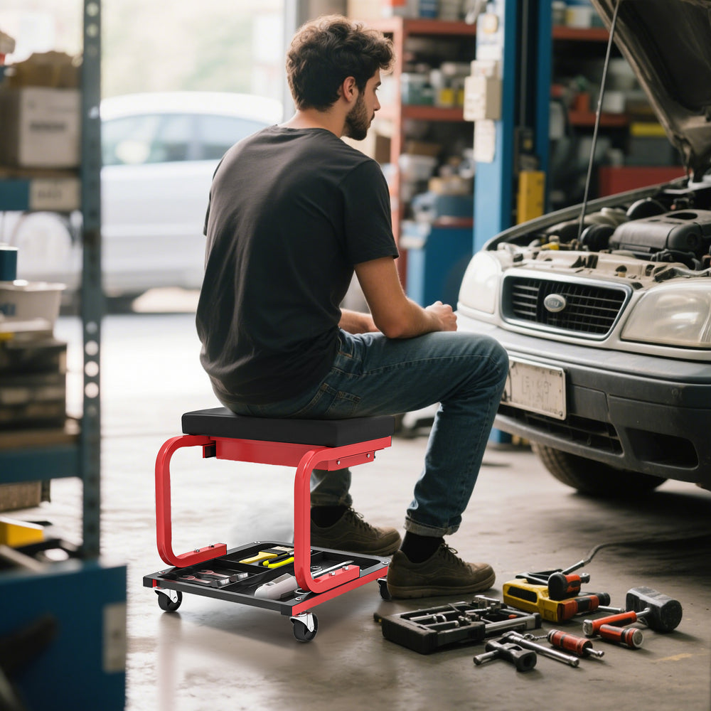Tabouret roulant d'atelier avec rangement pour outils et tiroir, noir.