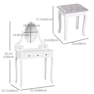 Coiffeuse en bois avec miroir rotatif à 360°, 5 tiroirs et tabouret rembourré, blanc