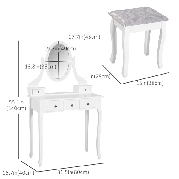 Coiffeuse en bois avec miroir rotatif à 360°, 5 tiroirs et tabouret rembourré, blanc