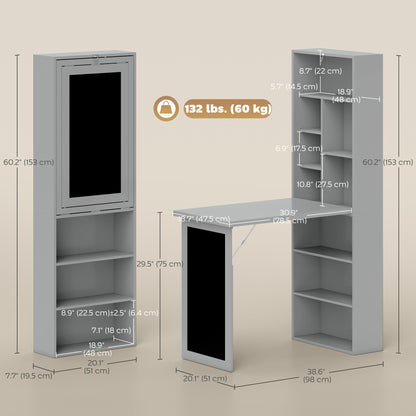 Bureau d'ordinateur mural pliable et convertible avec tableau noir et étagère latérale, gris anthracite