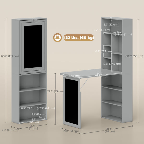 Bureau d'ordinateur mural pliable et convertible avec tableau noir et étagère latérale, gris anthracite