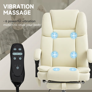Fauteuil de bureau massant inclinable avec vibration à 6 points, repose-pieds et dossier haut, blanc