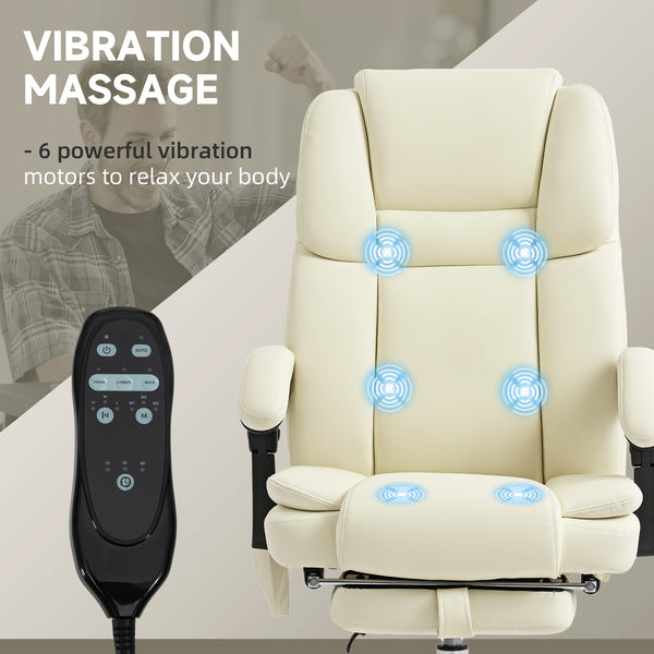 Fauteuil de bureau massant inclinable avec vibration à 6 points, repose-pieds et dossier haut, blanc
