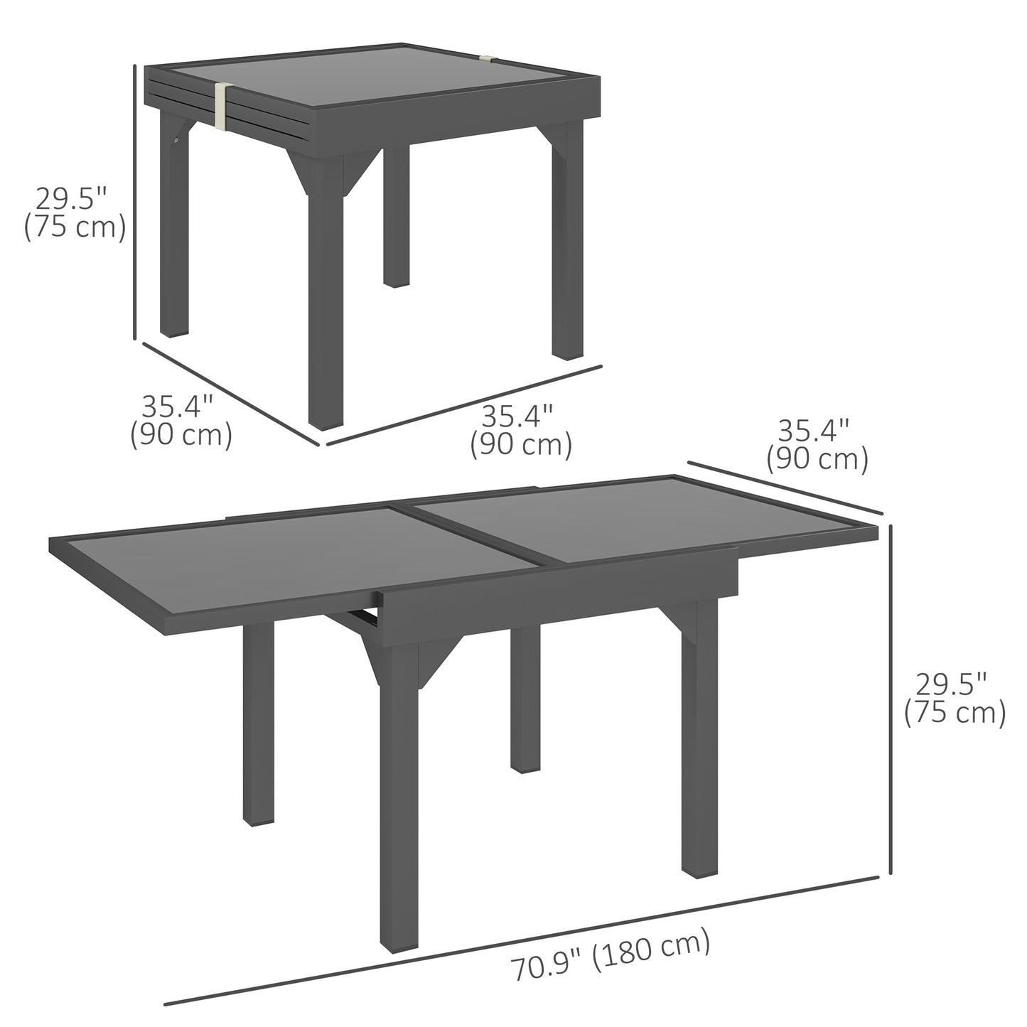 Outsunny 89-180cm Extendable Outdoor Table with Tempered Glass Top and Metal Frame, Seats 4-6 People, for Lawn, Garden and Backyard.