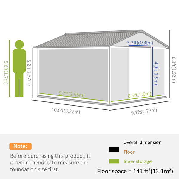 Abri de jardin 9' x 10,6' avec ensemble de fondation, en métal avec portes doubles, marron