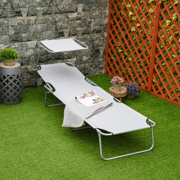 Folding and adjustable chaise longue with sunshade, white/grey 