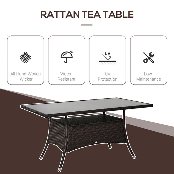 Table à manger en rotin avec plateau en verre et étagère de rangement, marron