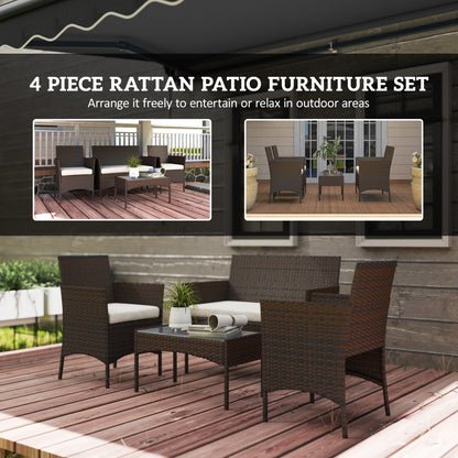 Outsunny 4 Piece Patio Rattan Balcony Wicker Garden Furniture Set with Loveseat, Chairs and Coffee Table in Beige Glass