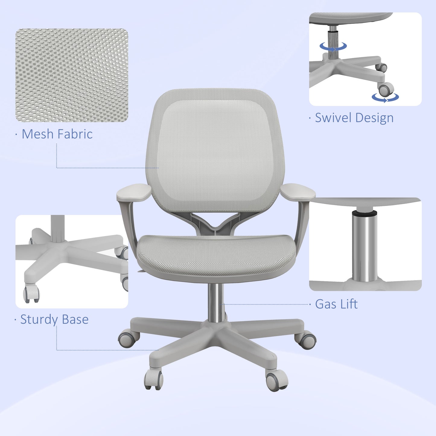 Office chair with mesh back, safety swivel casters, armrests, gray