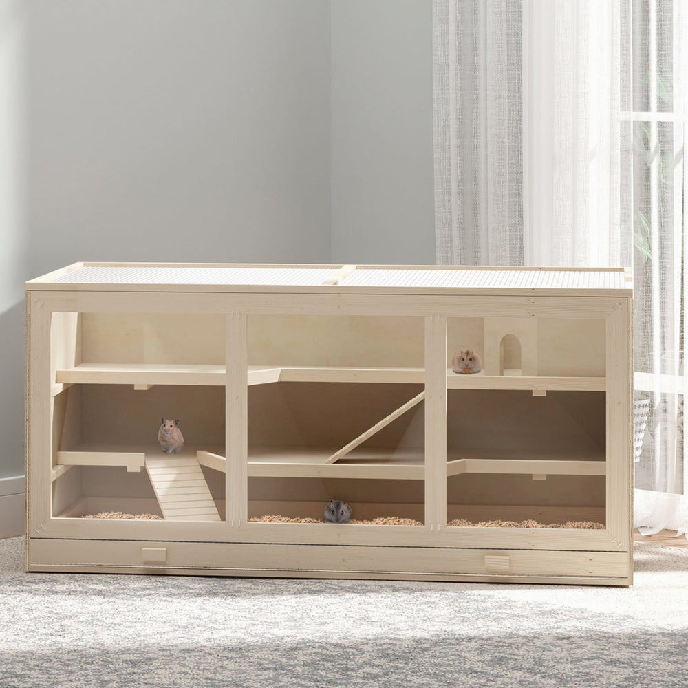 Wooden cage for hamsters and rats with slide and tray