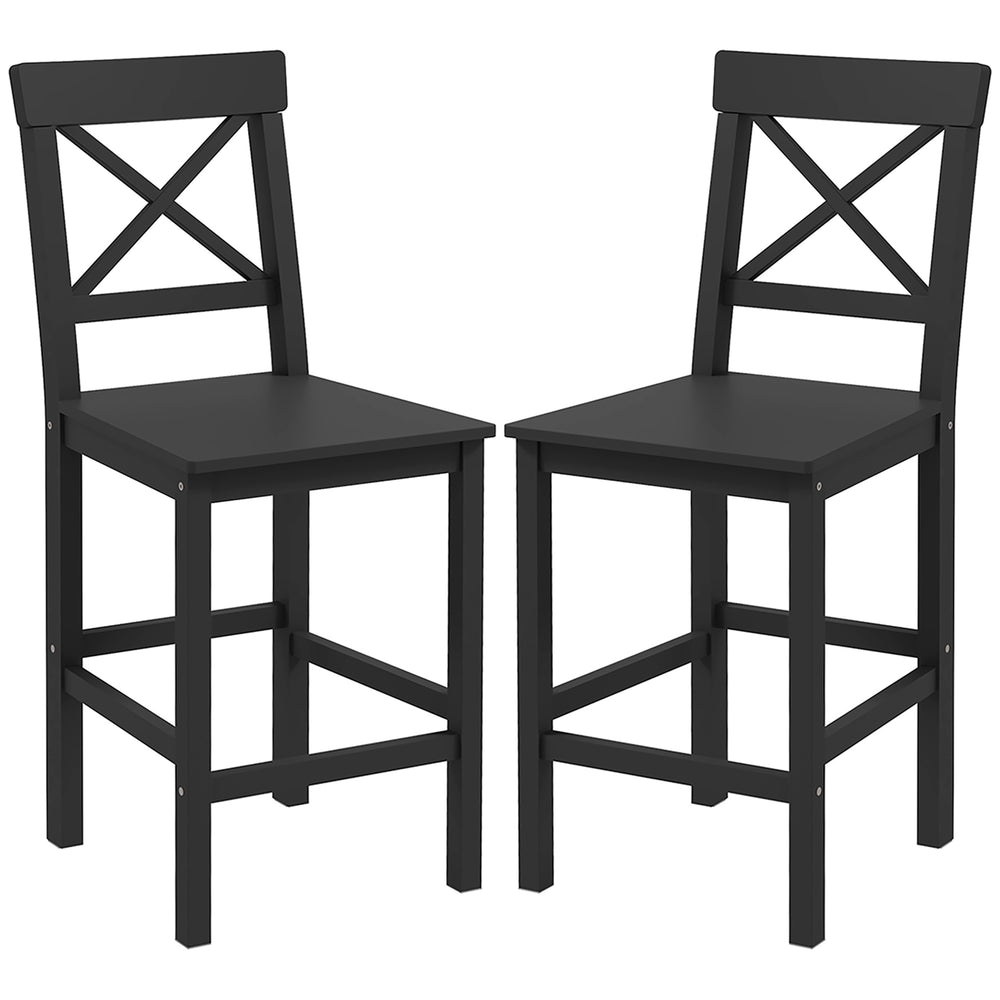 Lot de 2 tabourets de bar, style campagnard, avec dossier, en bois massif pour îlot de cuisine, Noir
