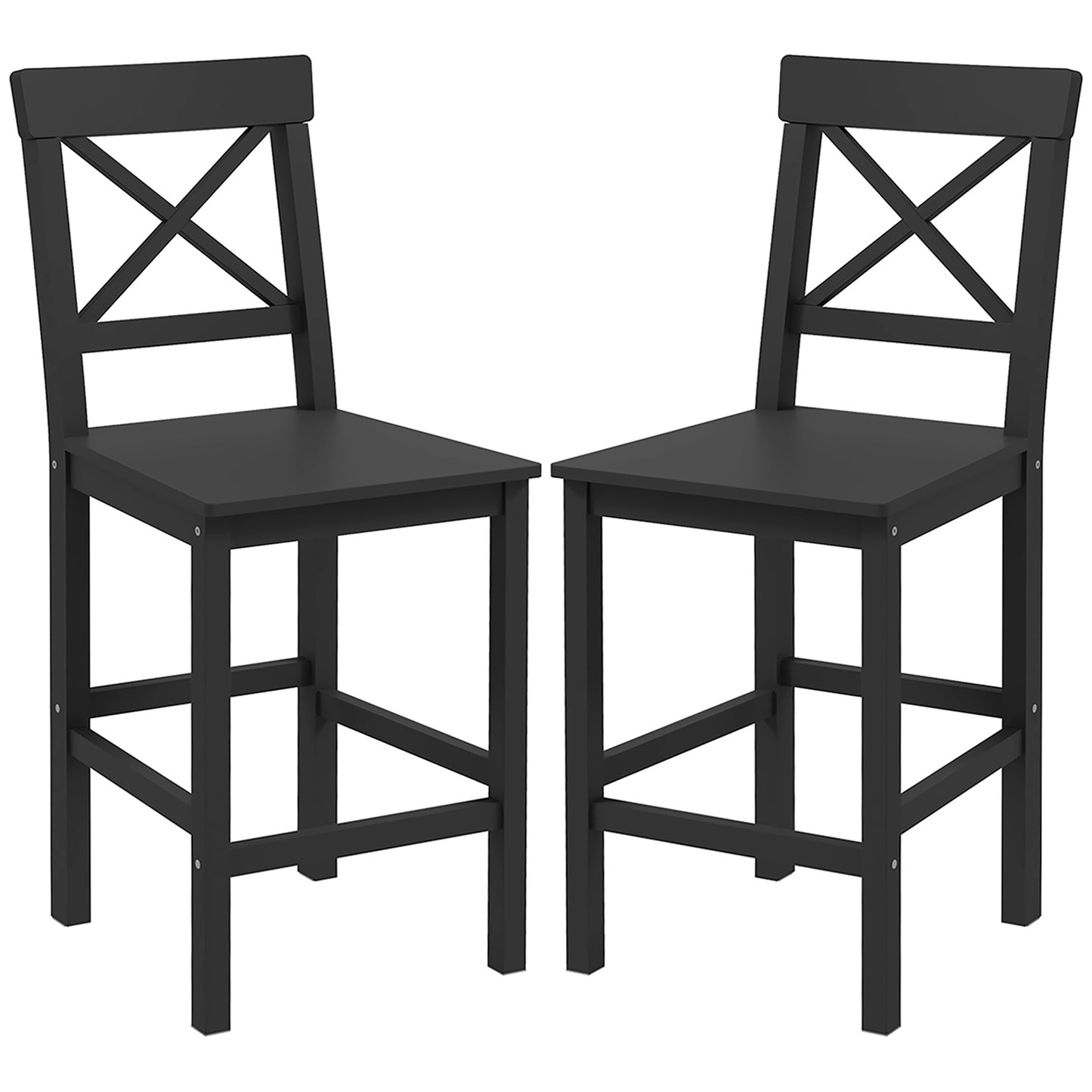 Lot de 2 tabourets de bar, style campagnard, avec dossier, en bois massif pour îlot de cuisine, Noir
