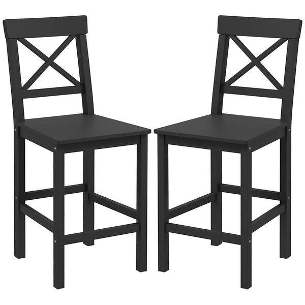 Lot de 2 tabourets de bar, style campagnard, avec dossier, en bois massif pour îlot de cuisine, Noir