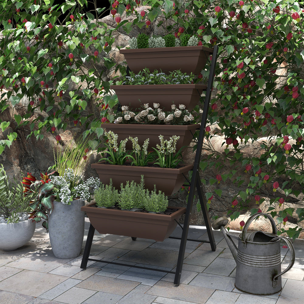 Jardinière surélevée à 5 niveaux avec 5 bacs à fleurs avec trous anti-fuites, marron