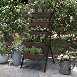 Jardinière surélevée à 5 niveaux avec 5 bacs à fleurs avec trous anti-fuites, marron