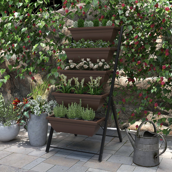 Jardinière surélevée à 5 niveaux avec 5 bacs à fleurs avec trous anti-fuites, marron