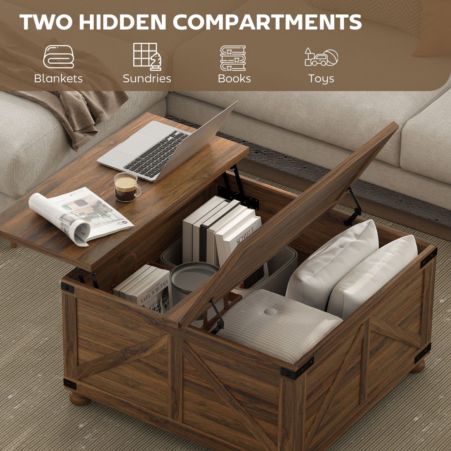 Table basse avec plateau relevable de style campagnard avec compartiment caché, grain de bois brun