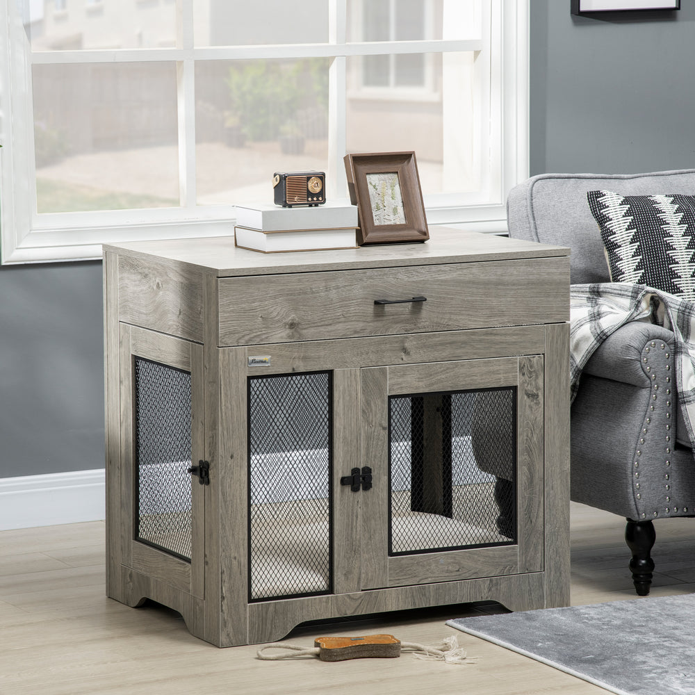 Furniture crate with cushion, 2 doors and storage, grey
