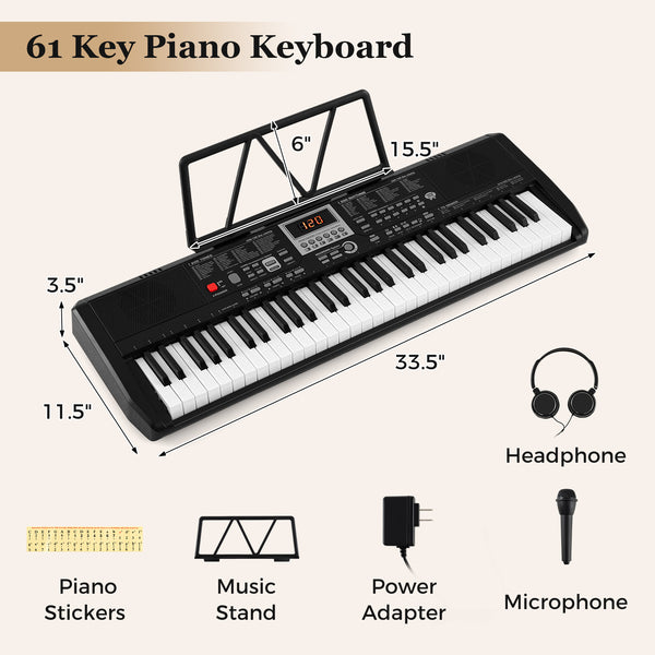 Clavier portable 61 touches pour débutants kit de clavier électrique avec 200 rythmes et 200 tonalités - Noir