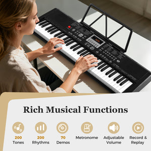 Clavier portable 61 touches pour débutants kit de clavier électrique avec 200 rythmes et 200 tonalités - Noir