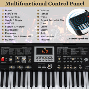 Clavier portable 61 touches pour débutants kit de clavier électrique avec 200 rythmes et 200 tonalités - Noir