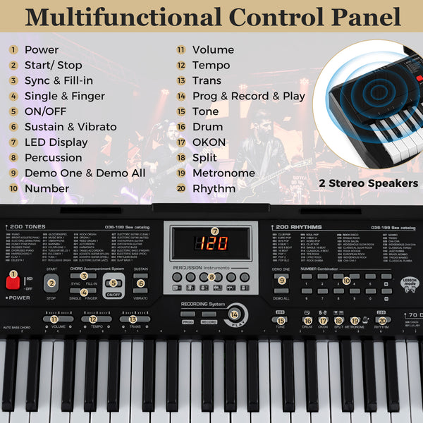 Clavier portable 61 touches pour débutants kit de clavier électrique avec 200 rythmes et 200 tonalités - Noir