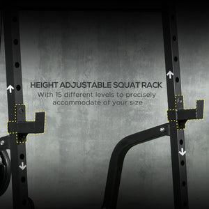 Cage de musculation multifonctionnelle avec banc réglable, barre d'haltères et rack à squats à 15 niveaux
