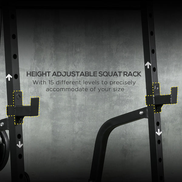Cage de musculation multifonctionnelle avec banc réglable, barre d'haltères et rack à squats à 15 niveaux