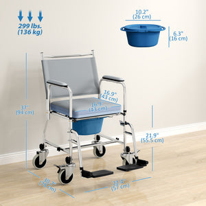 Chaise de douche 4 en 1 sur roulettes avec siège rembourré et seau – Gris