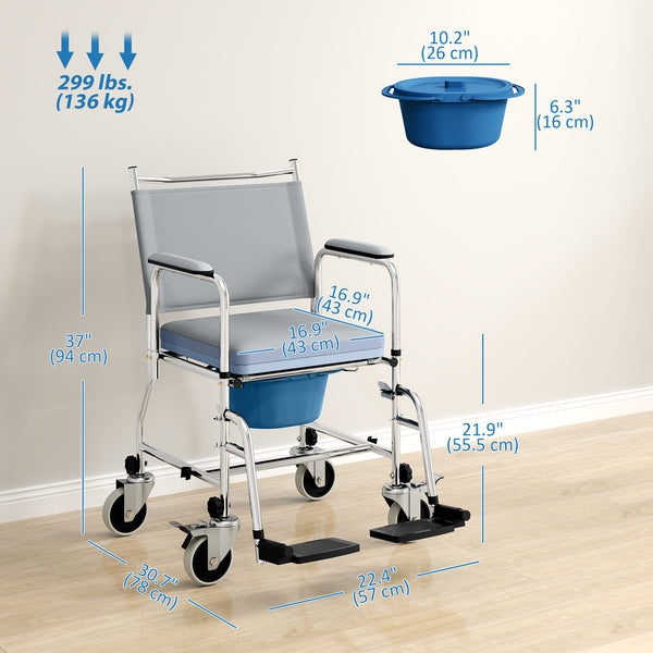 Chaise de douche 4 en 1 sur roulettes avec siège rembourré et seau – Gris