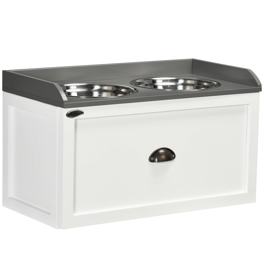 Elevated dog bowls with storage, white