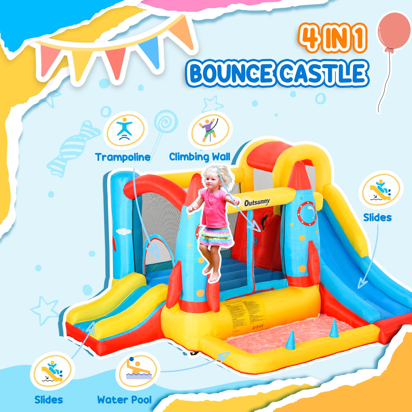 Outsunny Bounce Castle Inflatable Trampoline Slide Pool Rocket Design 11.14' x 9.18' x 6.06'