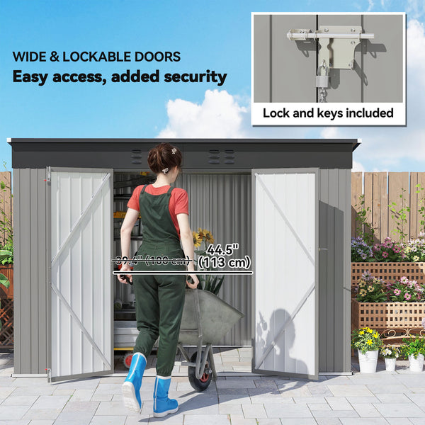 Galvanized steel garden shed with lockable doors