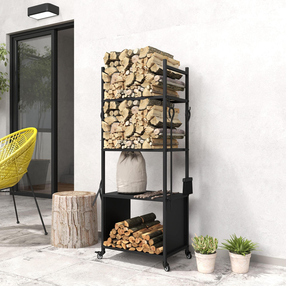 4-Tier Wood Rack with Casters and 4 Tools