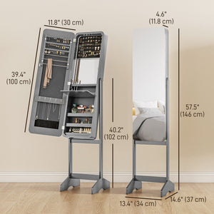 Armoire à bijoux sur pied avec miroir et LED à angle réglable, gris