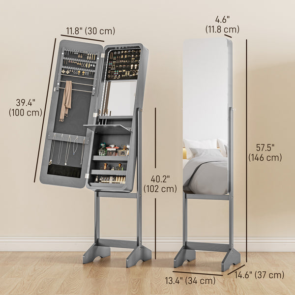 Armoire à bijoux sur pied avec miroir et LED à angle réglable, gris