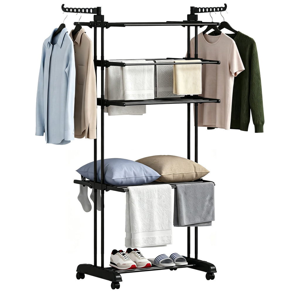 Séchoir à linge pliable à 5 niveaux sur roulettes, noir