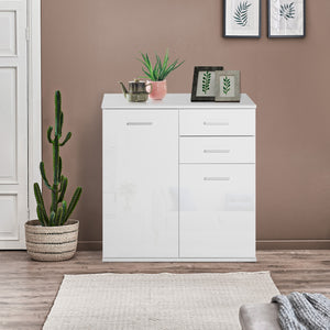 Buffet laqué brillant avec 2 tiroirs et 2 portes, étagère réglable, blanc