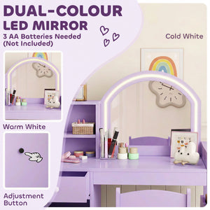 Coiffeuse pour enfant avec miroir LED bicolore, rangements et chaise, mauve